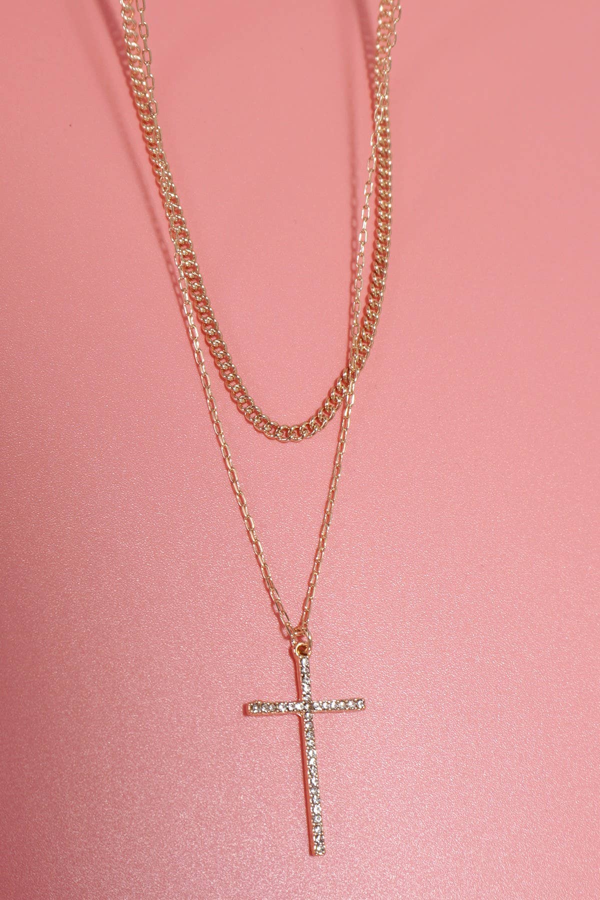 DOUBLE LAYER RHINESTONE CROSS CHARM NECKLACE | 80N1041