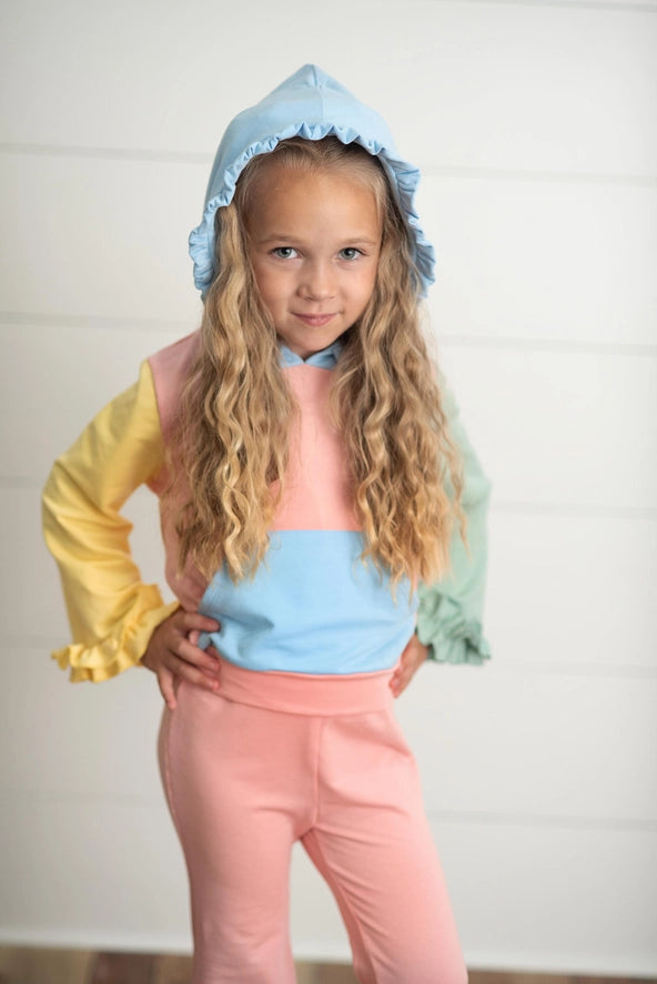 Kids Pastel Color Block Hooded Ruffle Pocket Set