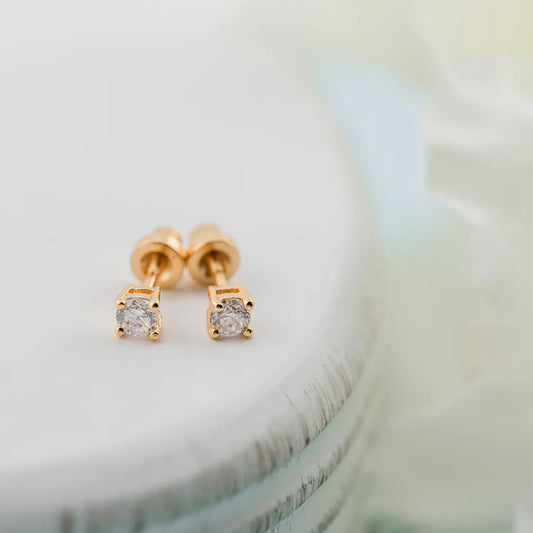 Kids 14K Gold Clear Cz Earrings
