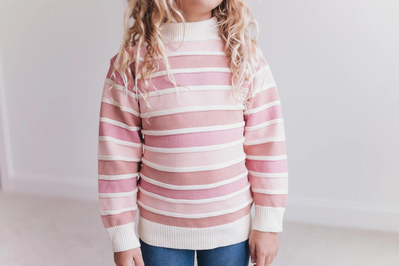 Kids Ombre Pink Stripe Ribbed Crew Neck Fall Winter Sweater