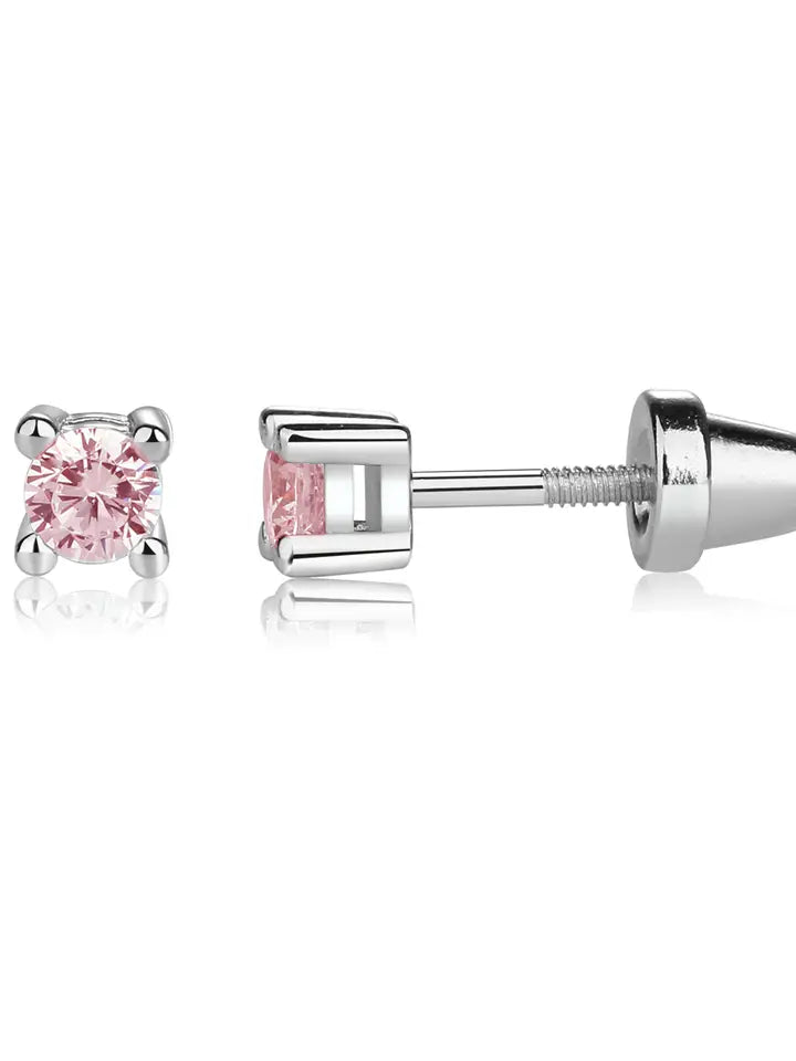 Sterling Silver Screw-Back Pink Cz Stud Earrings Baby & Kids