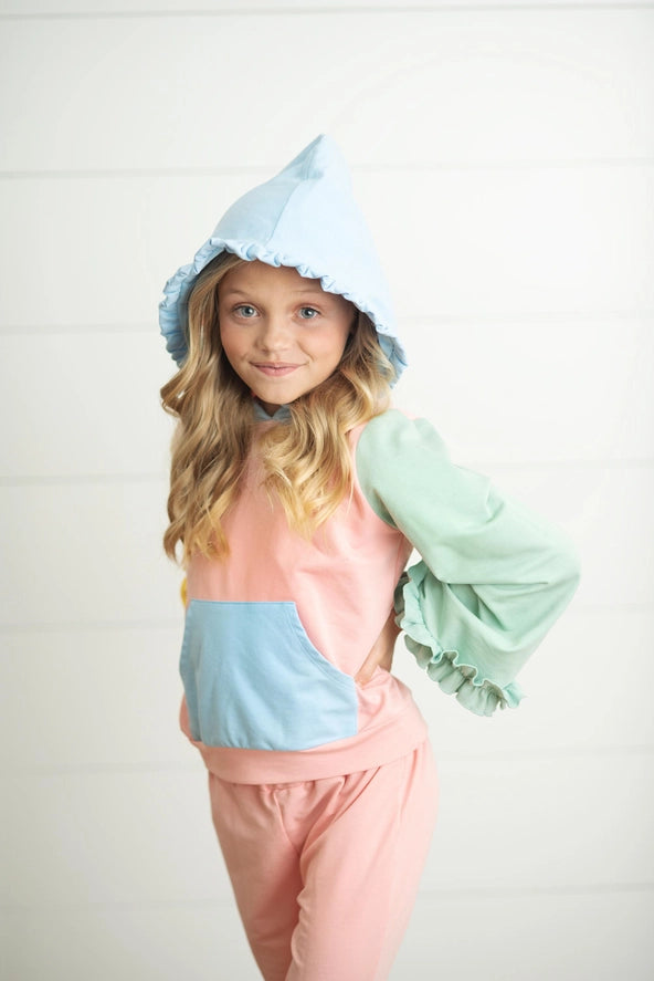 Kids Pastel Color Block Hooded Ruffle Pocket Set