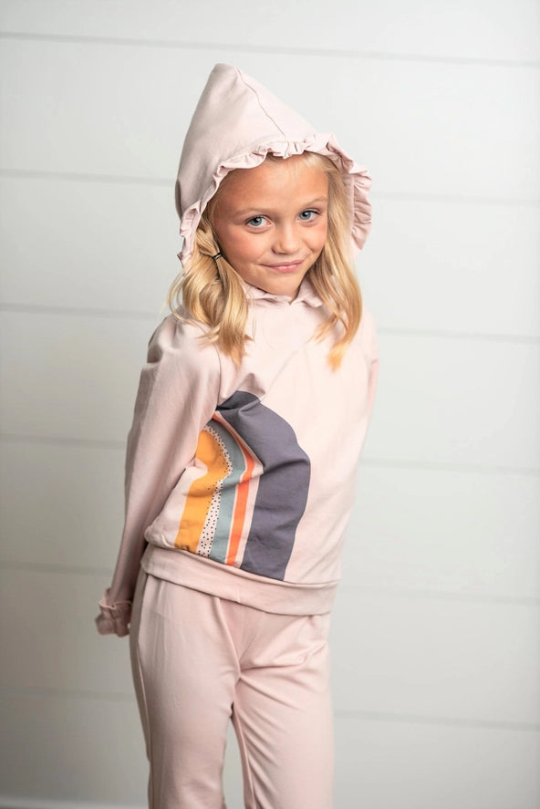 Girls Blush Pink Rainbow Hooded Fall Sweatsuit Lounge Set