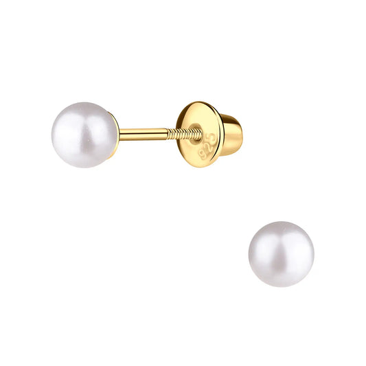14K Gold-Plated White Pearl Earrings with Screw Backs