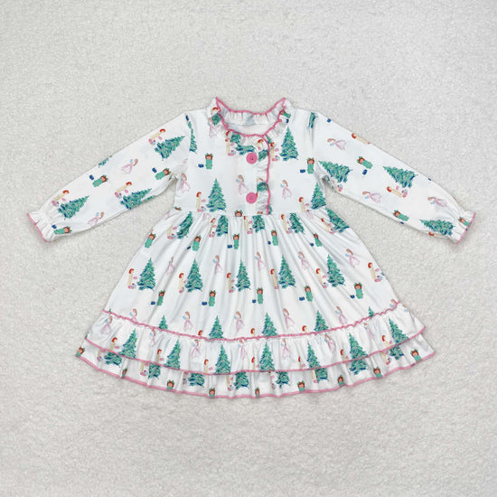 GLD0622 Girls Christmas tree gift white long sleeve dress