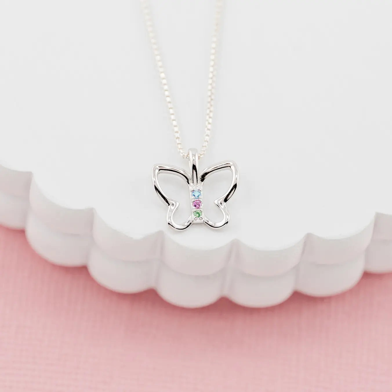 Girls Sterling Silver Butterfly Necklace w/ Multi-Color Czs
