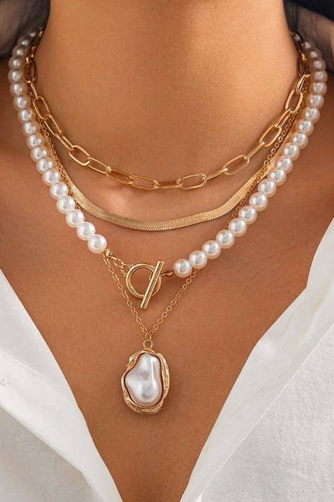 PEARL CHARM MULTILAYER PEARL GOLD MIX  NECKLACE  | 40NK9458