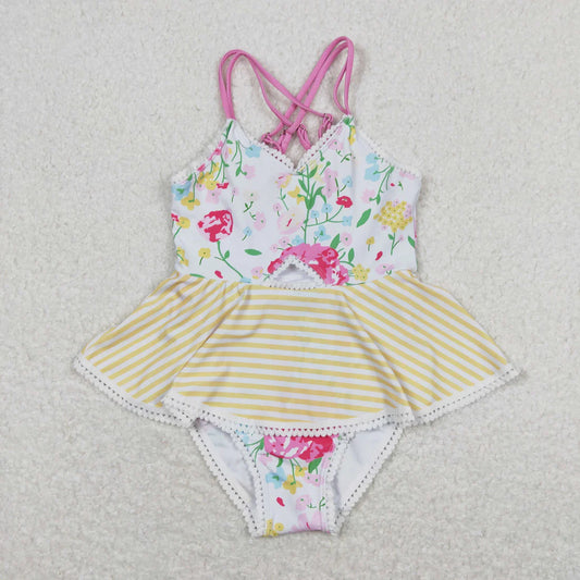 S0250 Floral striped one-piece swimsuit