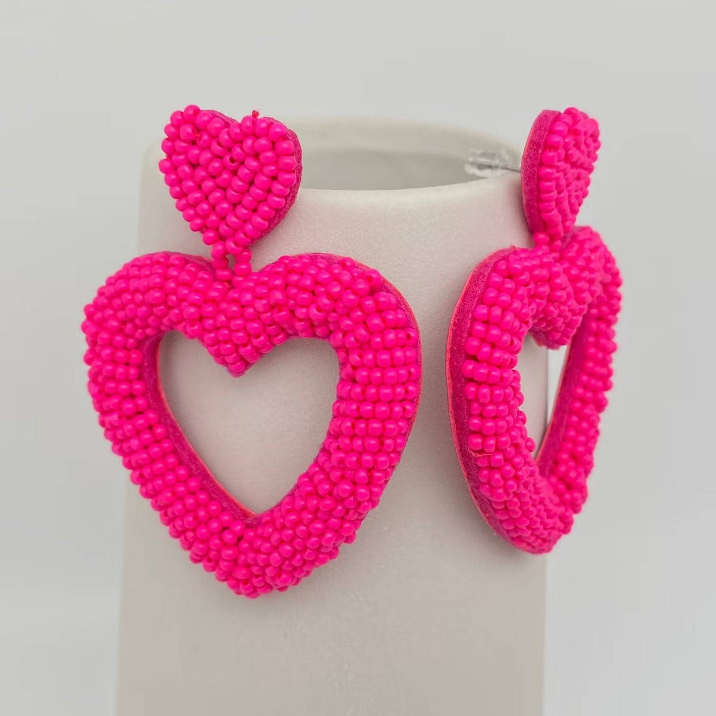 Hand Woven Rose Red Heart Charm Pendant Earrings