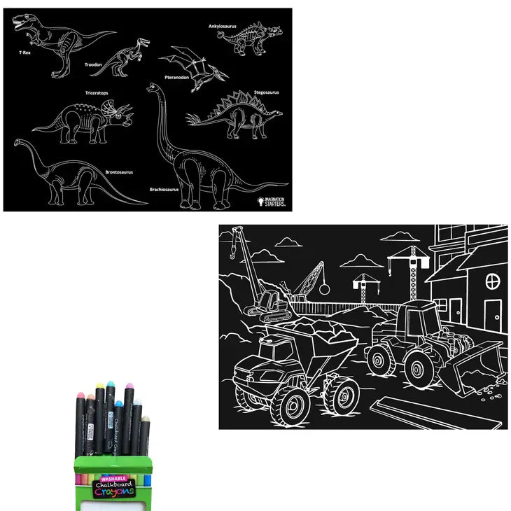 Chalkboard Placemat Coloring Set- Dinosaur & Construction