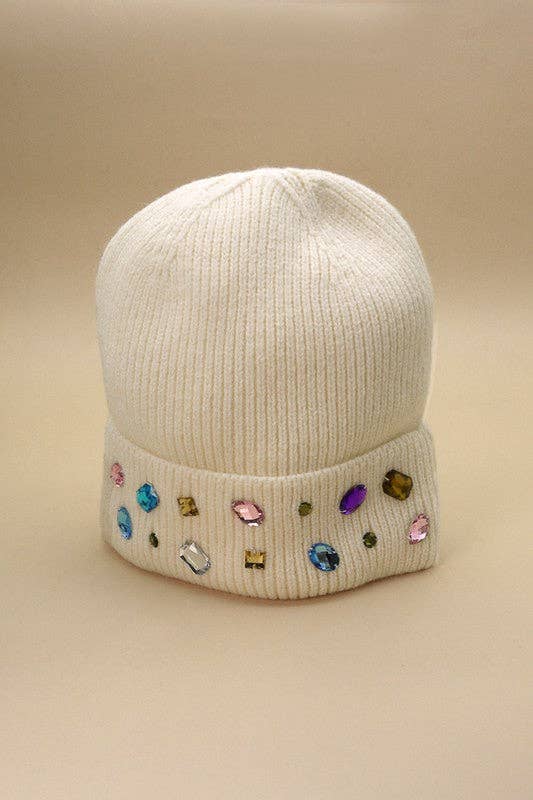 JEWELED COLOR STONE EMBELLISHMENT BEANIE | 40BN906