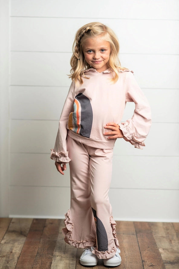 Girls Blush Pink Rainbow Hooded Fall Sweatsuit Lounge Set