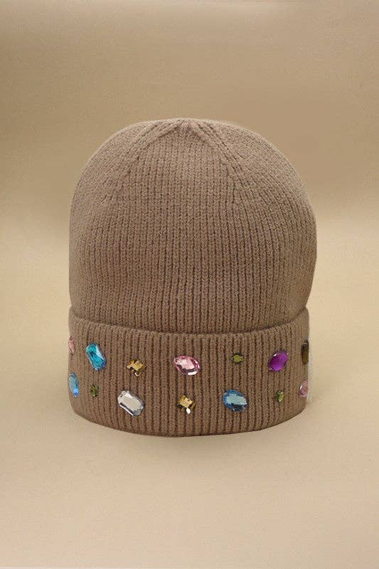 JEWELED COLOR STONE EMBELLISHMENT BEANIE | 40BN906