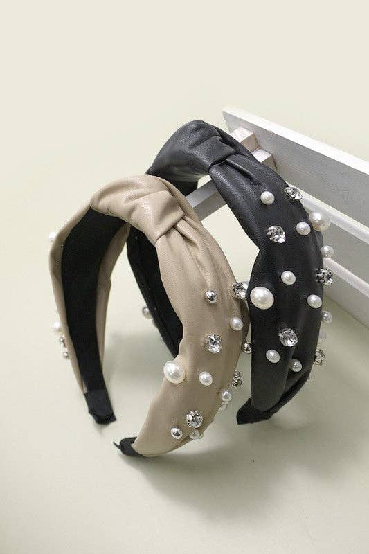 KNOTTED FAUX LEATHER PEARL RHINESTONE HAIR BANDS | 40HB1111