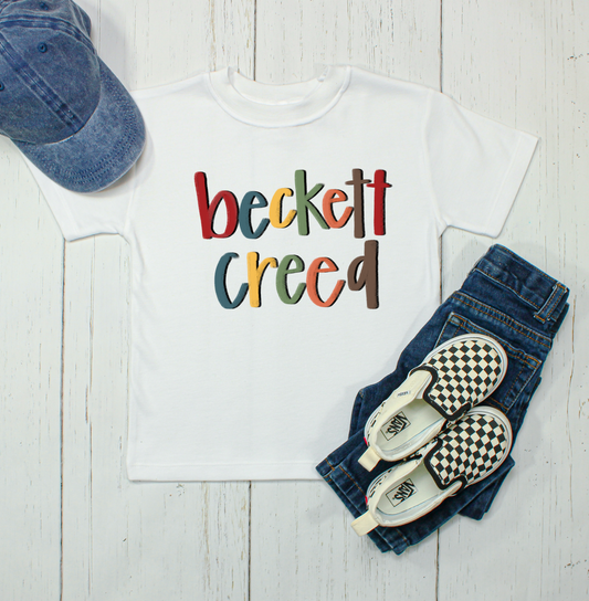 Beckett Creed hand lettered name SUB shirt