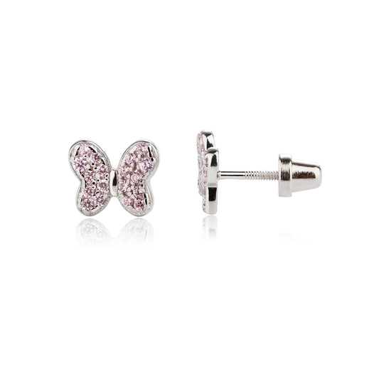 Sterling Silver Girls Pink Butterfly Screw Back Earrings